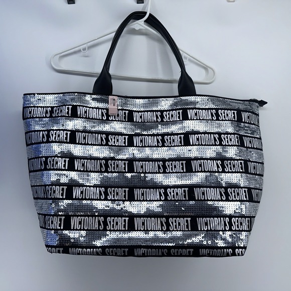 Victoria's Secret Sequin Bling Tote Bag Weekender Black Silver New With Tags - Picture 1 of 9